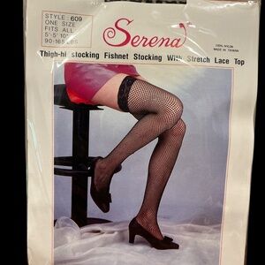 NEW Serena Vintage BLACK Thigh-Hi Fishnet Stocking w/ Stretch Lace Top OSFA